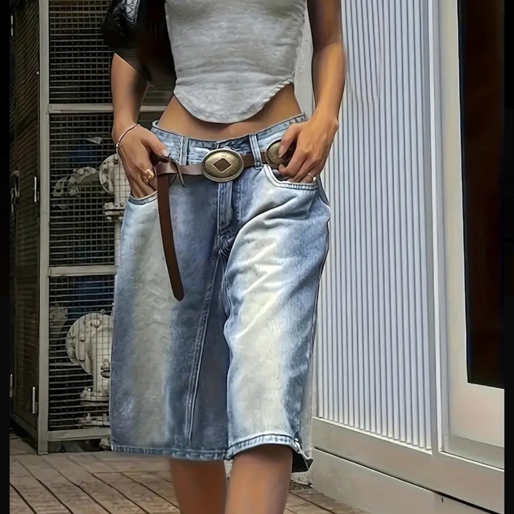 Womens Color Block Denim Jorts - Low Rise Wide Leg, Knee Length Shorts - Picture 5 of 6
